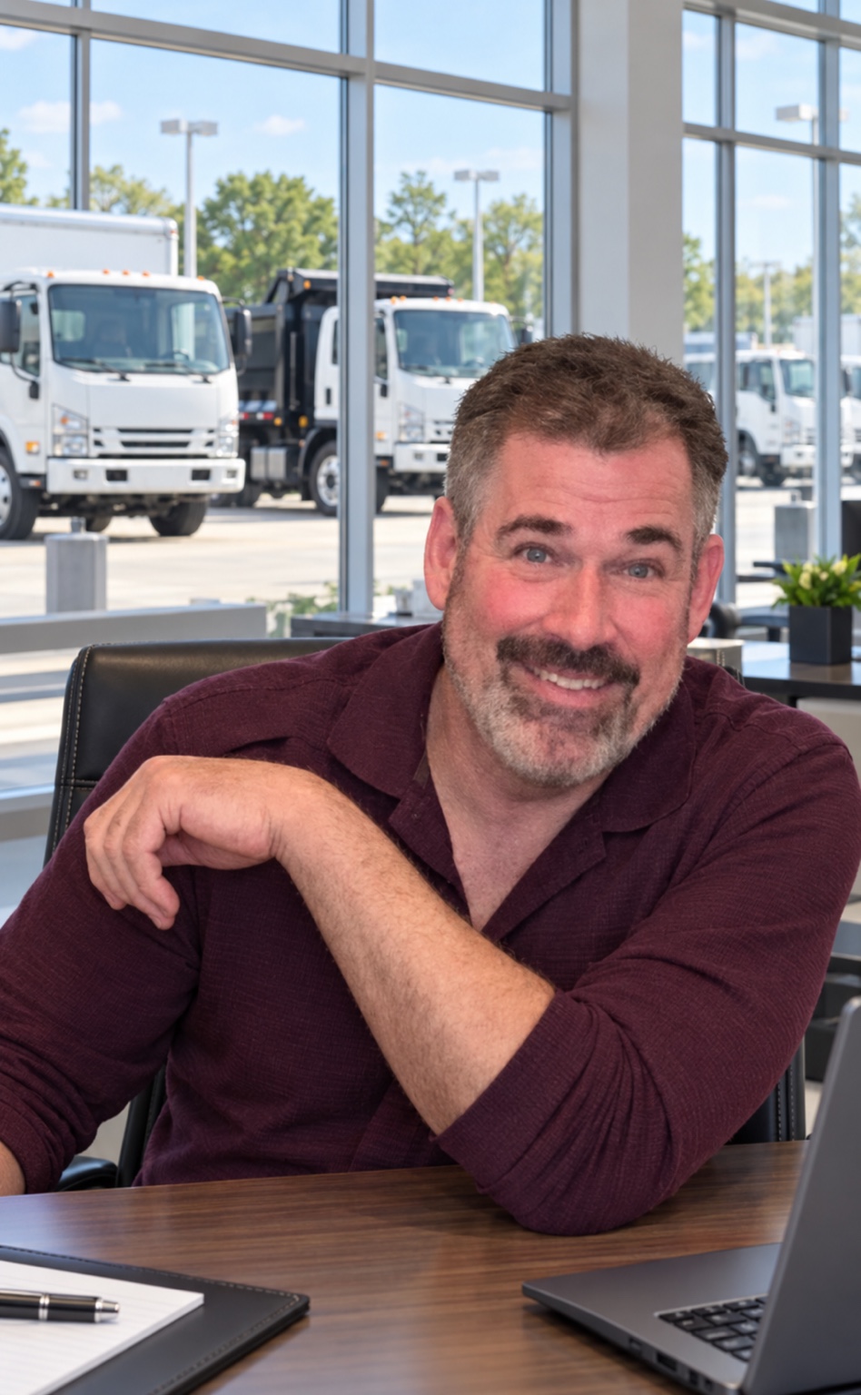 Tim seated at a desk with trucks in the background
